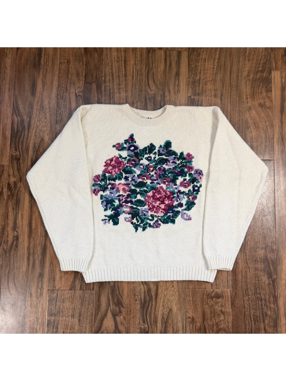 Vintage 80s 90s Northern Reflections Floral Knit Sweater S Cream Pullover